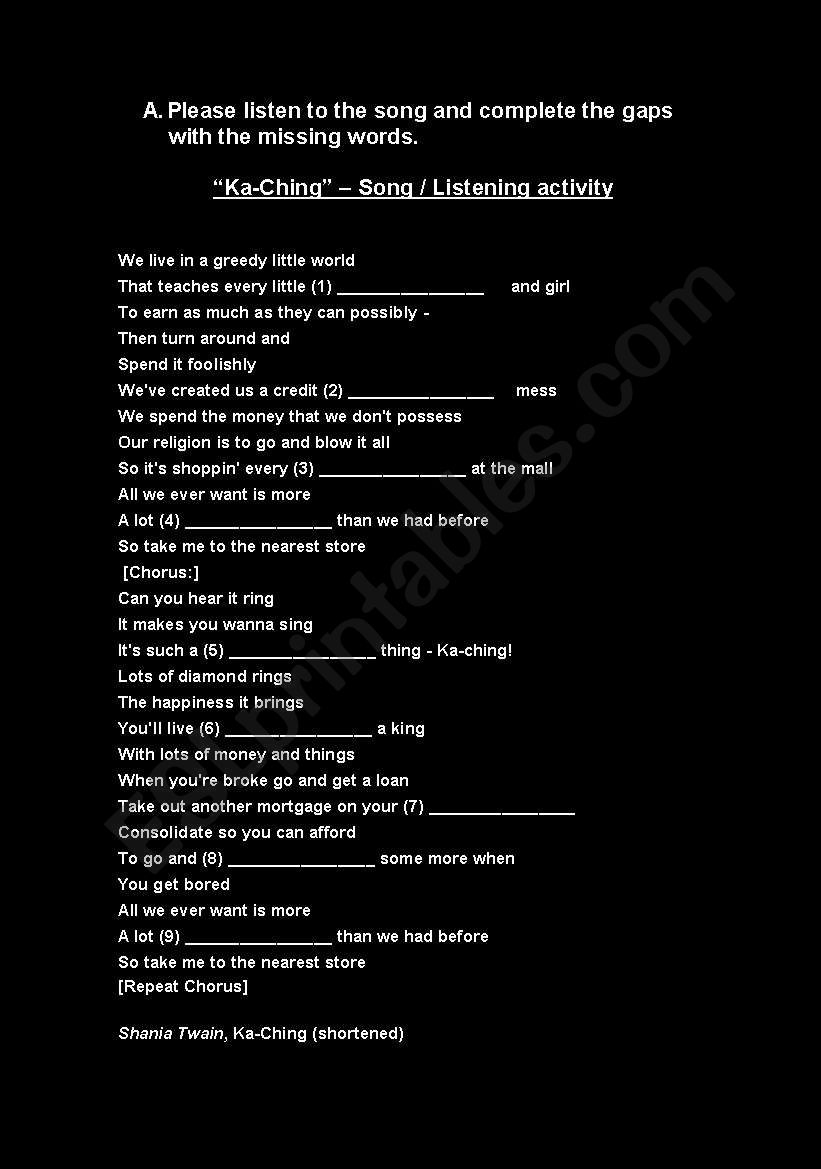 a song about shopping ka ching esl worksheet by dinamsp esl printables