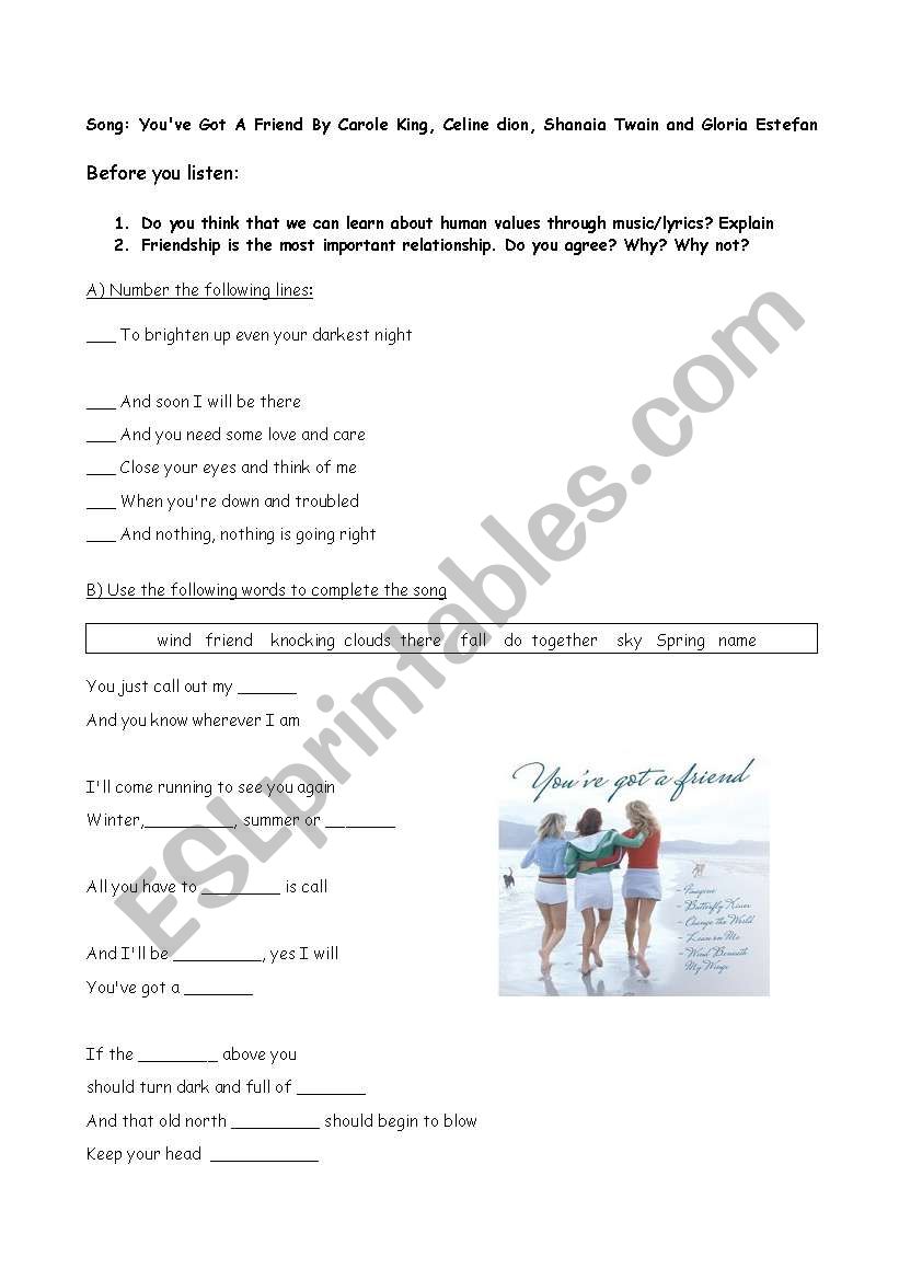 Youve got a friend worksheet