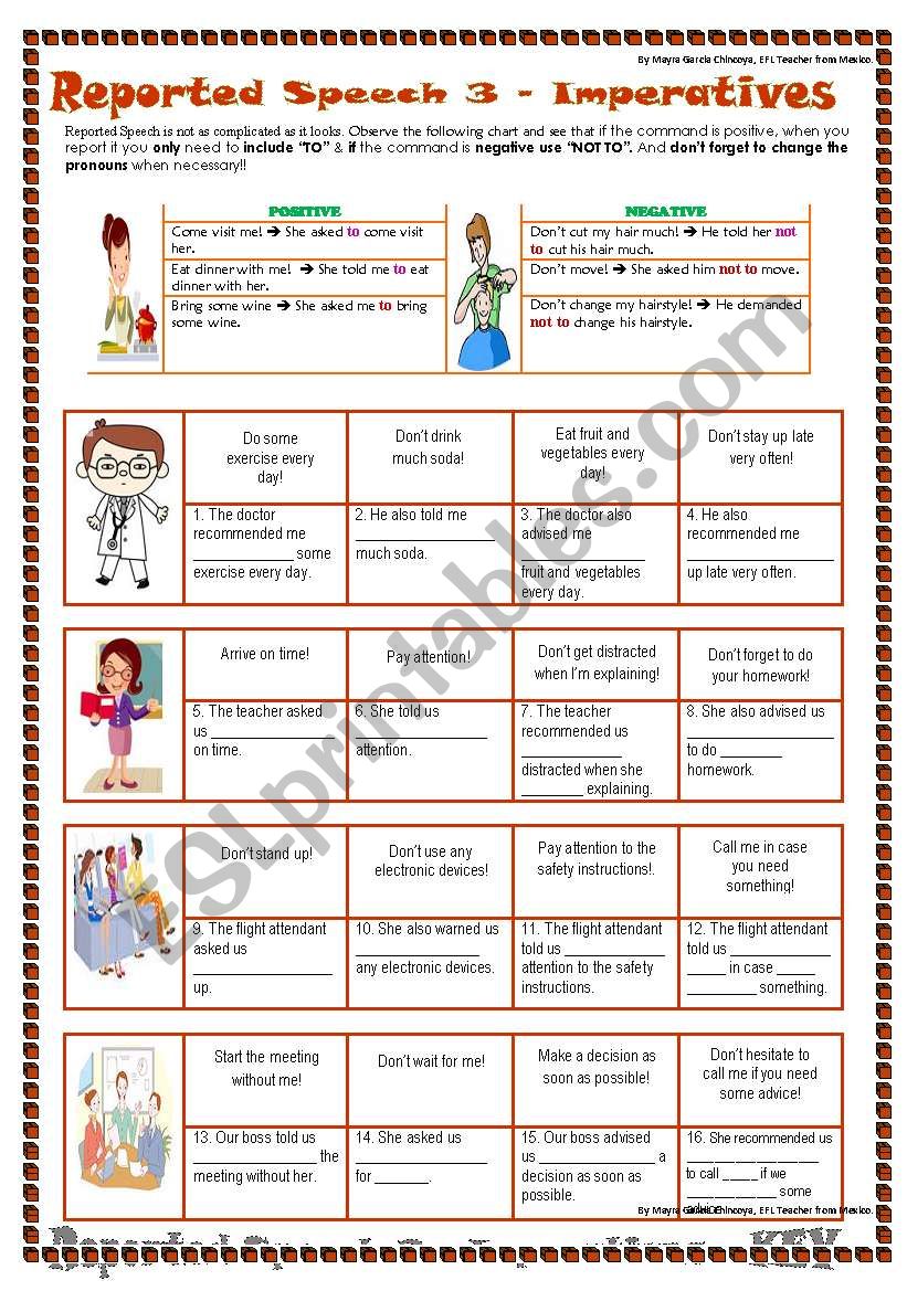 reported speech imperative sentences exercises with answers class 8