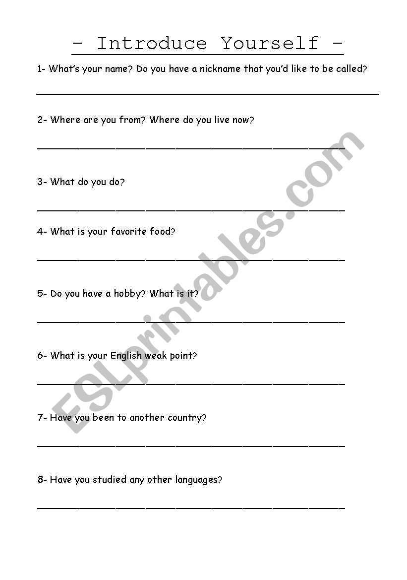 Introduce Yourself worksheet