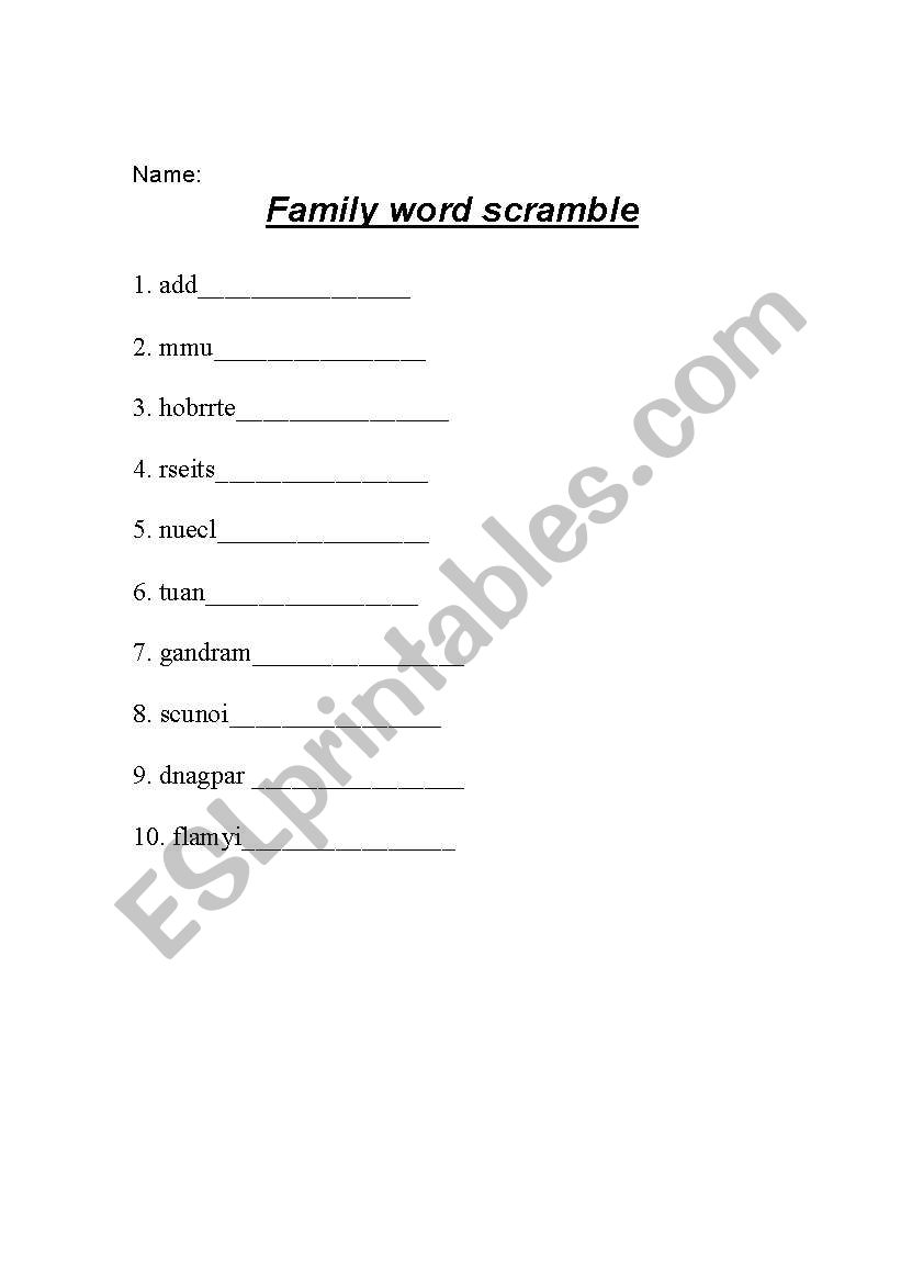 Family word scramble worksheet