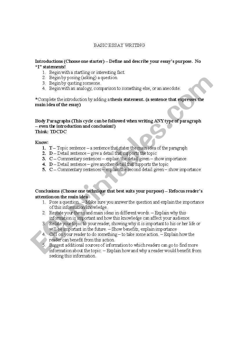 Basic Essay Writing worksheet