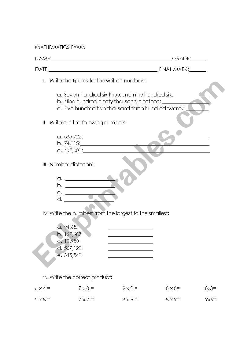 mathematics exam for third graders