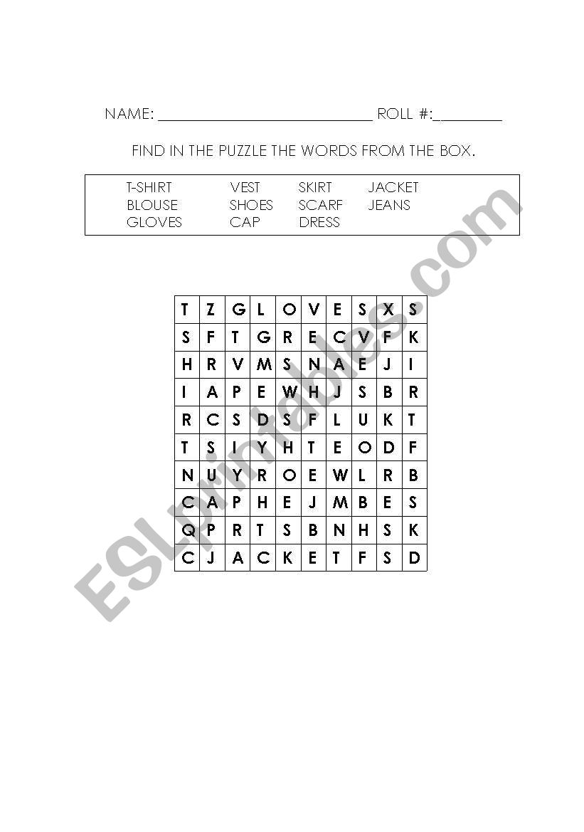 CLOTHES WORD PUZZLE worksheet