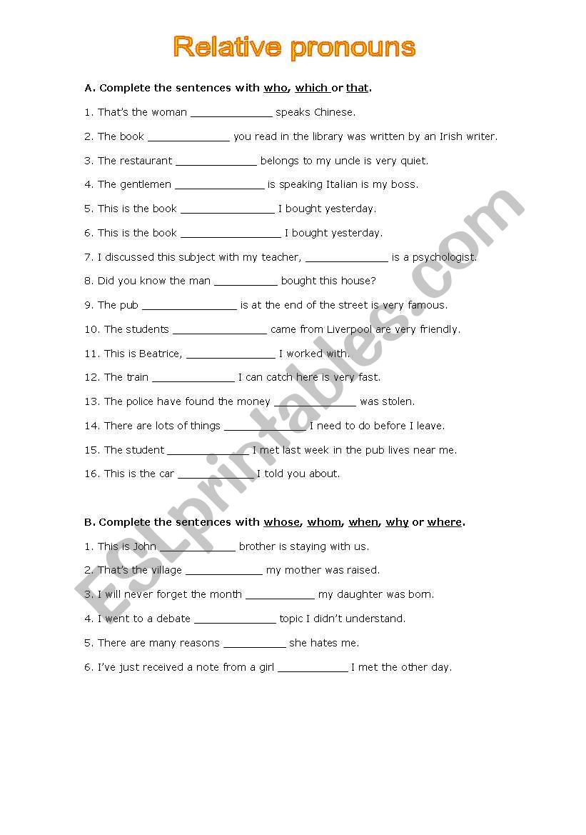 Relative Pronouns worksheet