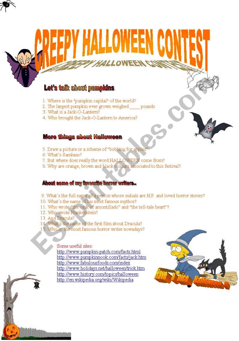 Creepy halloween contest worksheet