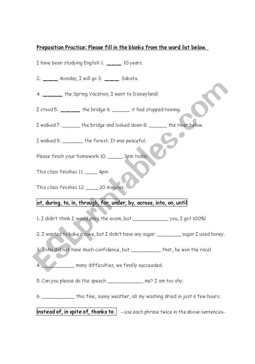 Preposition Practice worksheet