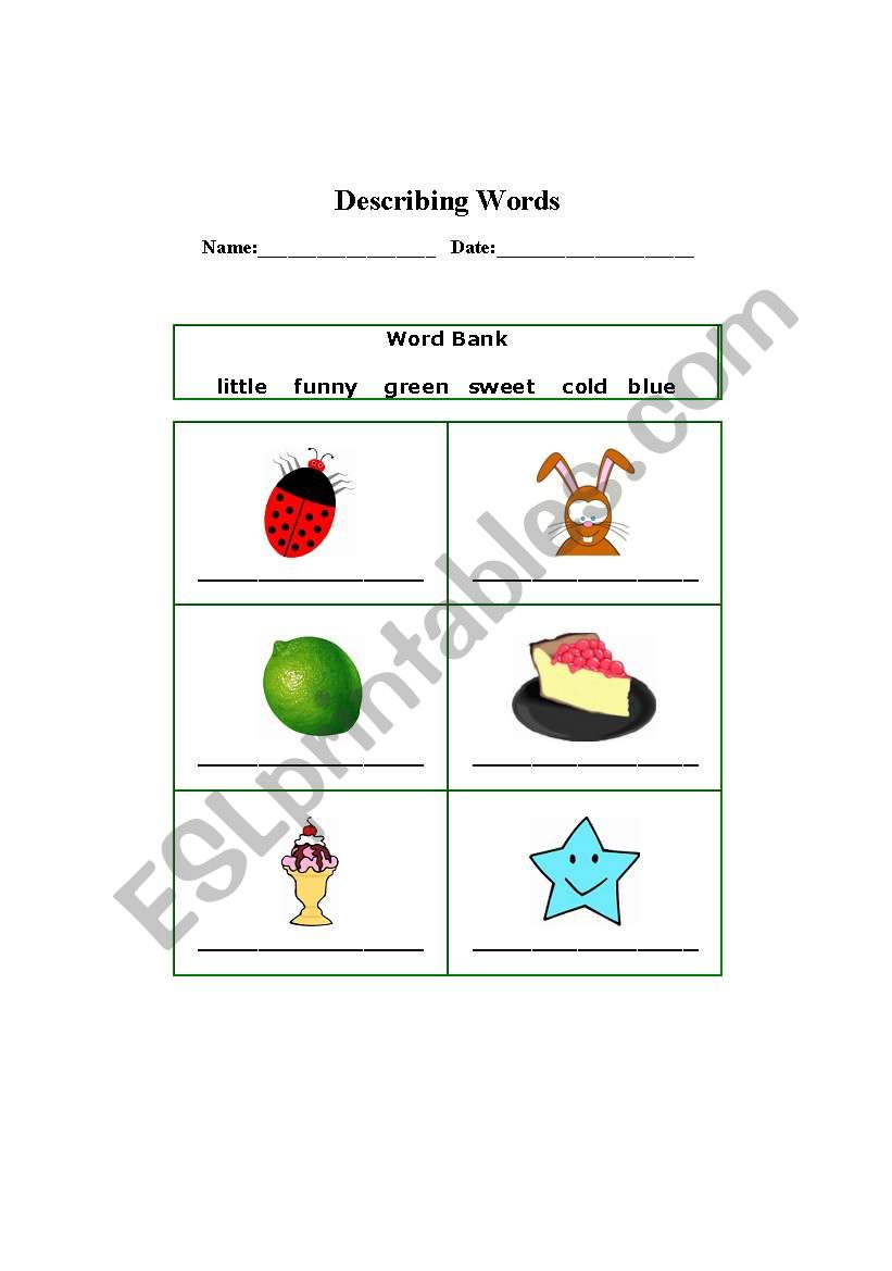Describing words worksheet