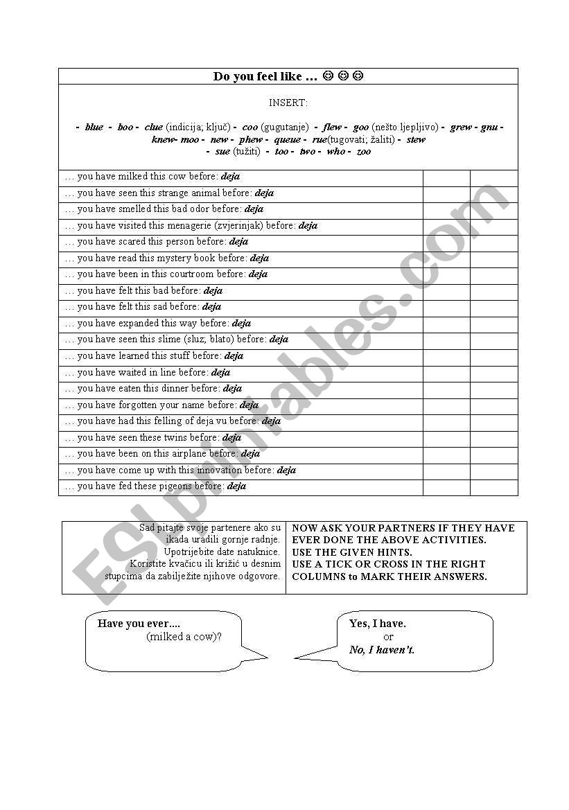 Present Perfect de ja vu worksheet