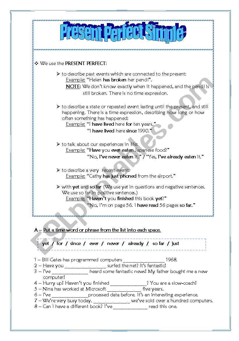 Present Perfect Tense ESL Worksheet By Coasvaf