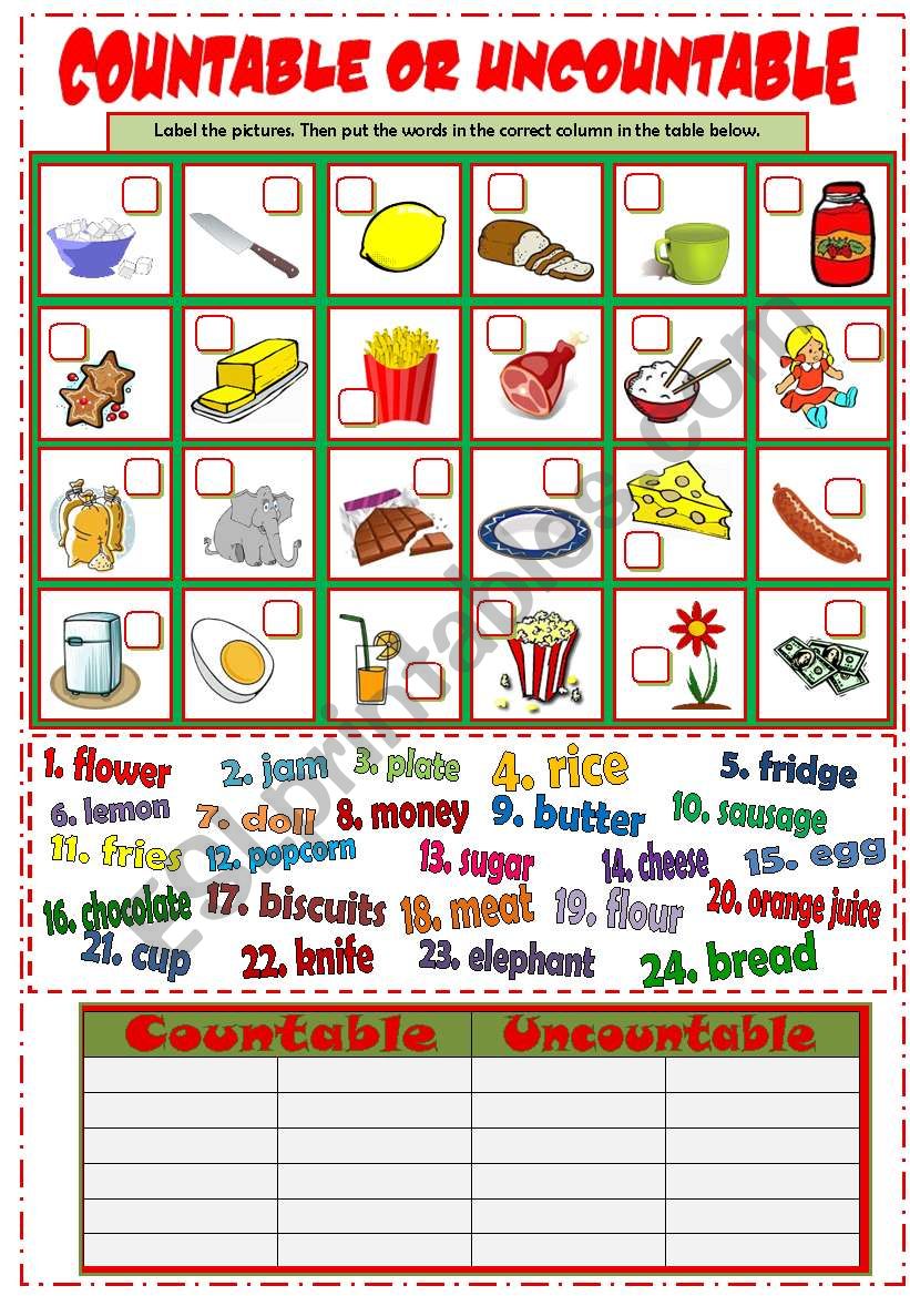 Countable And Uncountable Nouns Esl Worksheet