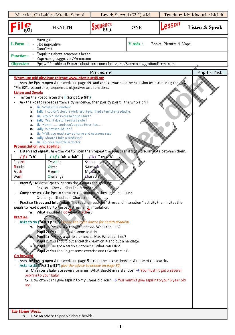 F 03 Health worksheet