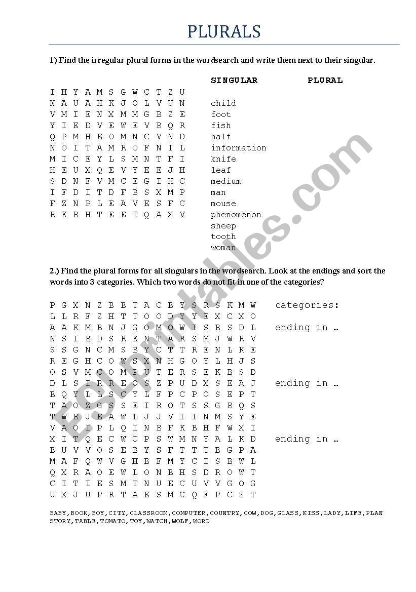 Wordsearch Plurals worksheet