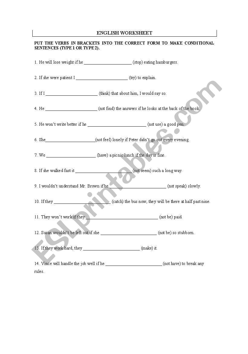 Conditionals 1 and 2 worksheet