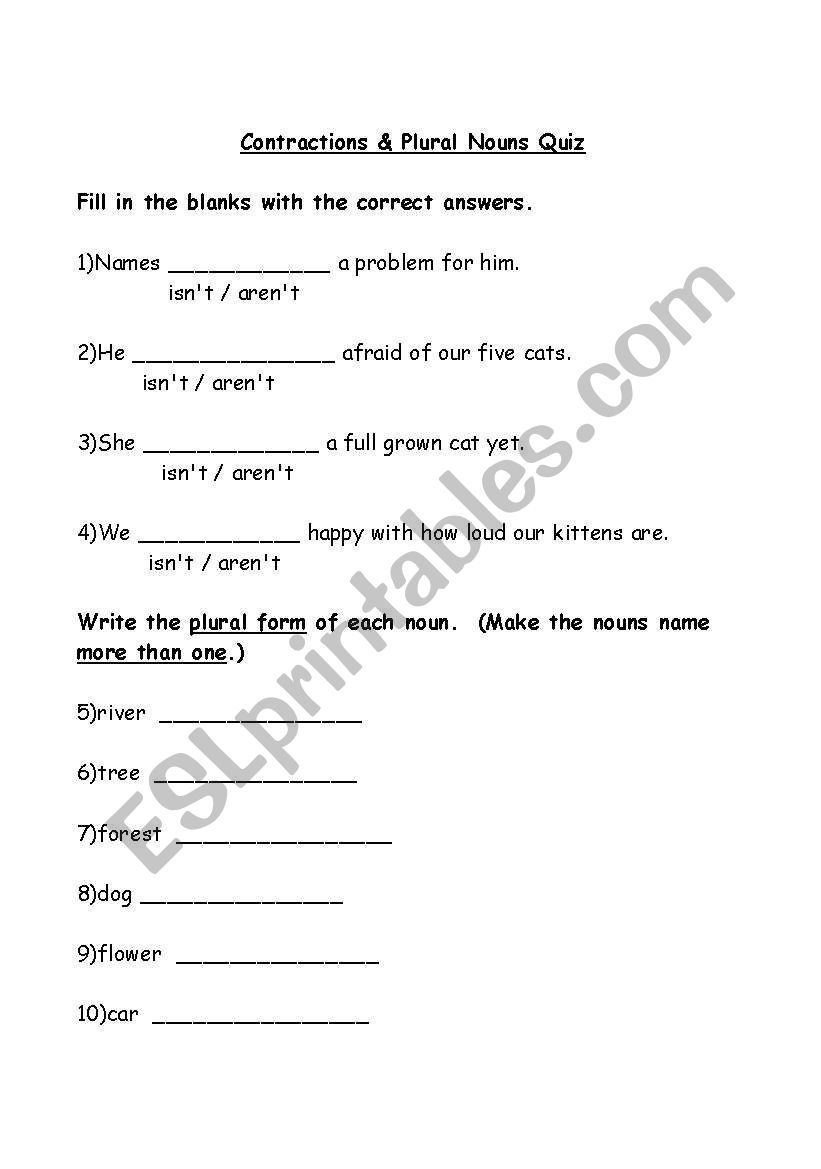 English worksheets: Contractions and Plural Nouns Quiz
