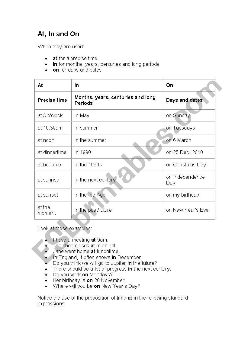 At, On & In worksheet