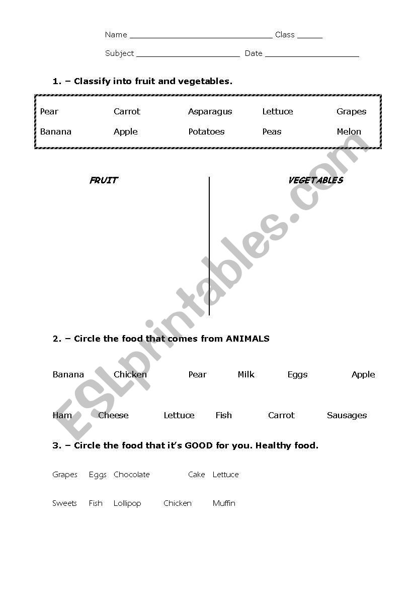 Classify the food worksheet
