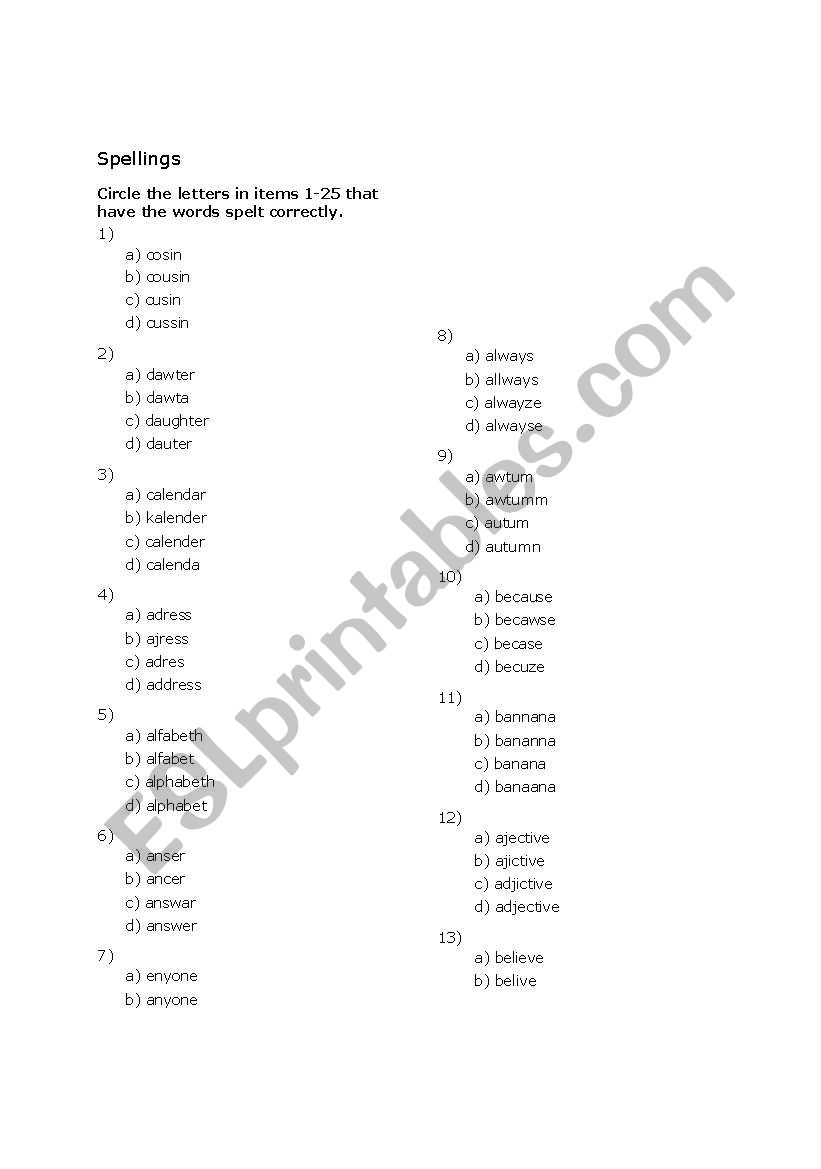 Spellings worksheet