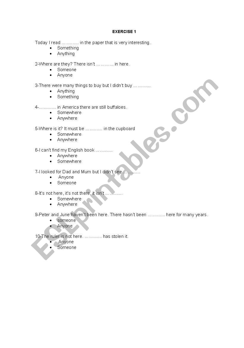 Some and Any compounds worksheet