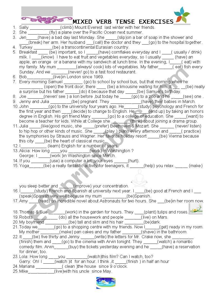 Mixed Verb Tense Exercises  worksheet