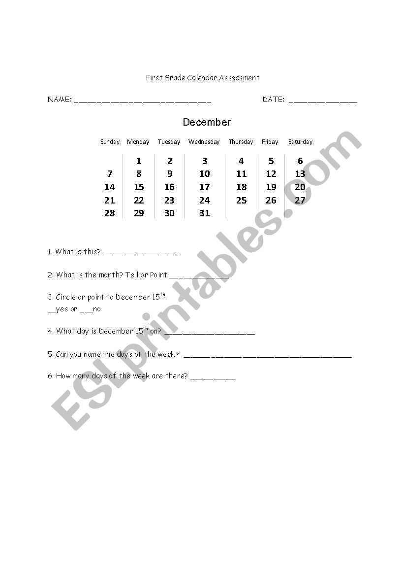 Calendar Assessment worksheet