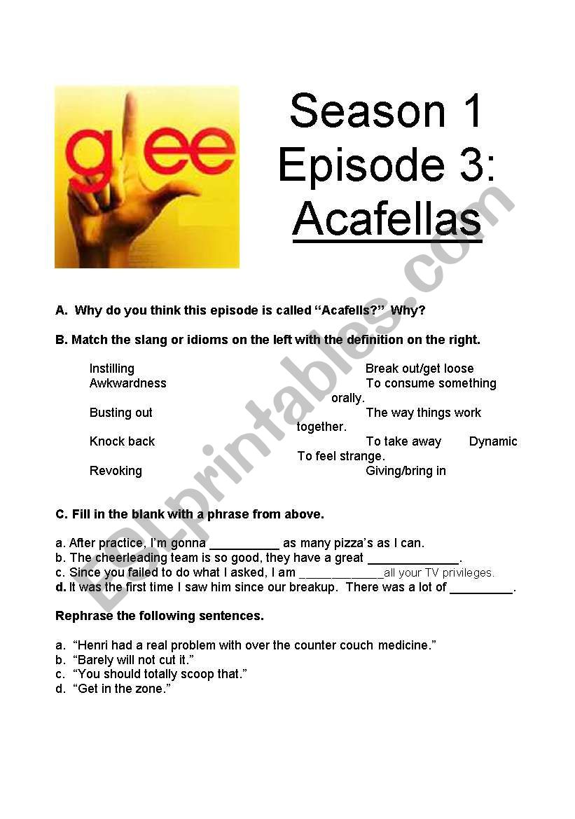 Glee Acafellas worksheet worksheet