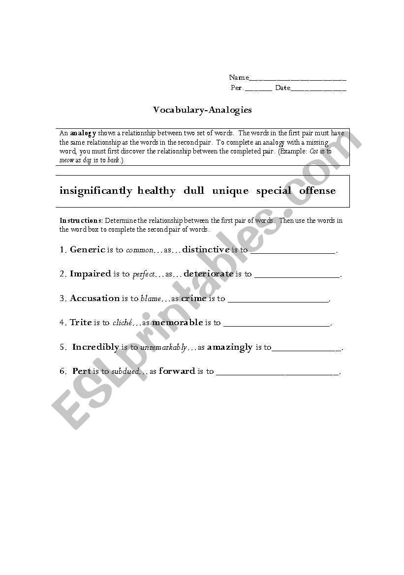 Vocabulary Analogies worksheet