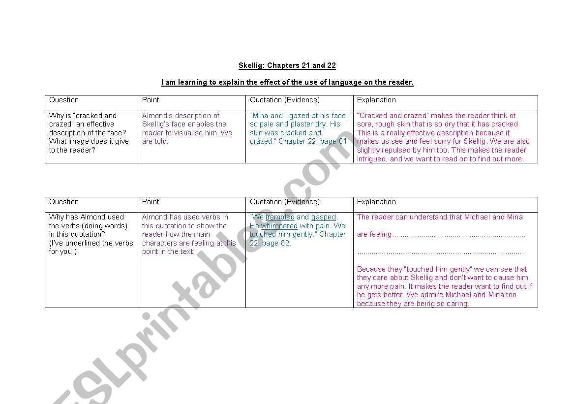 P.E.E. Emotive language Skellig Ch 21 and 22