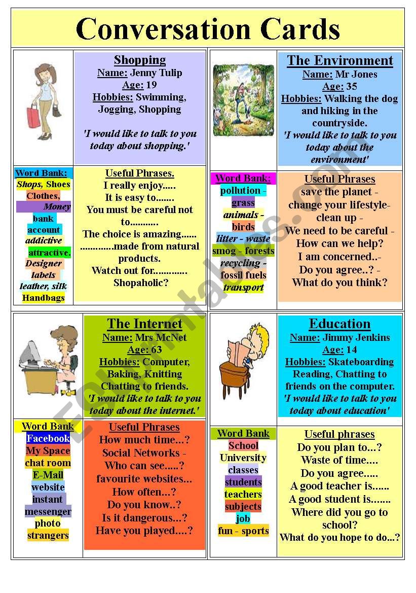 Conversation Cards ESL Worksheet By Yetigumboots