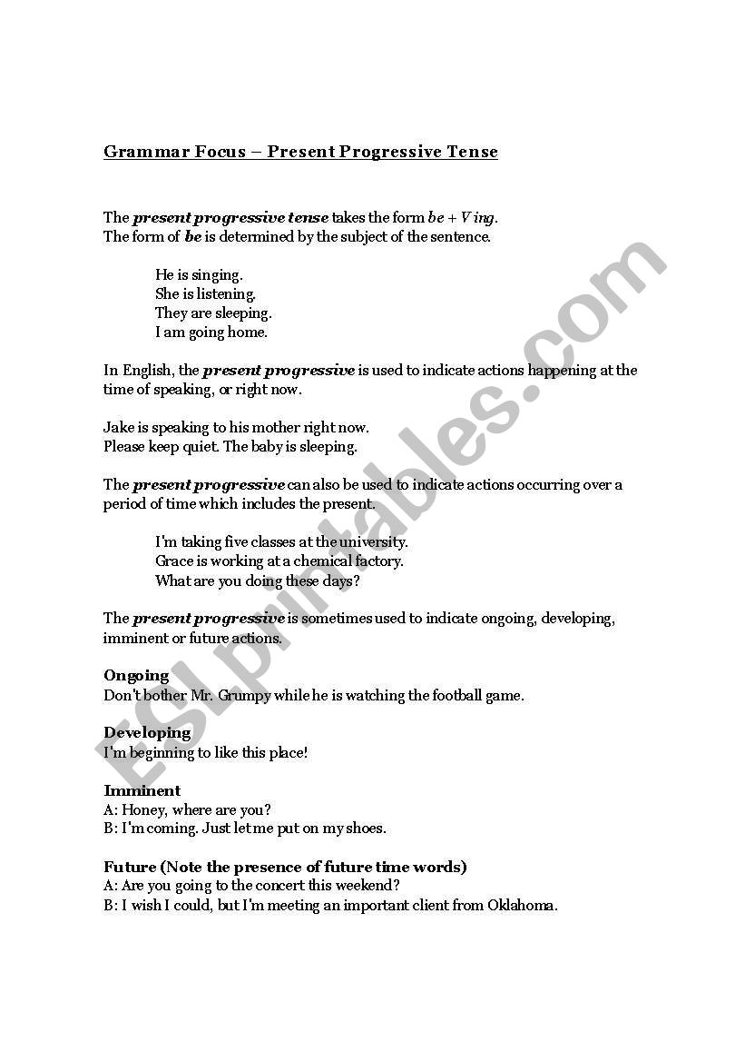 Present Progressive Tense worksheet