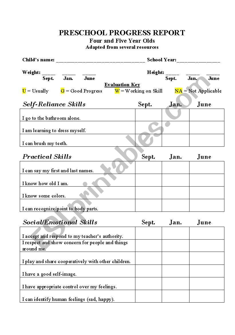 Progress report worksheet