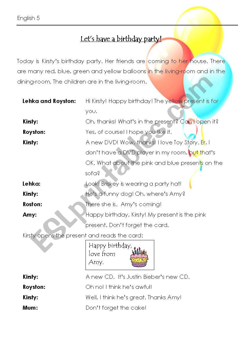 Let´s have a birthday party reading with tasks - ESL worksheet by ...