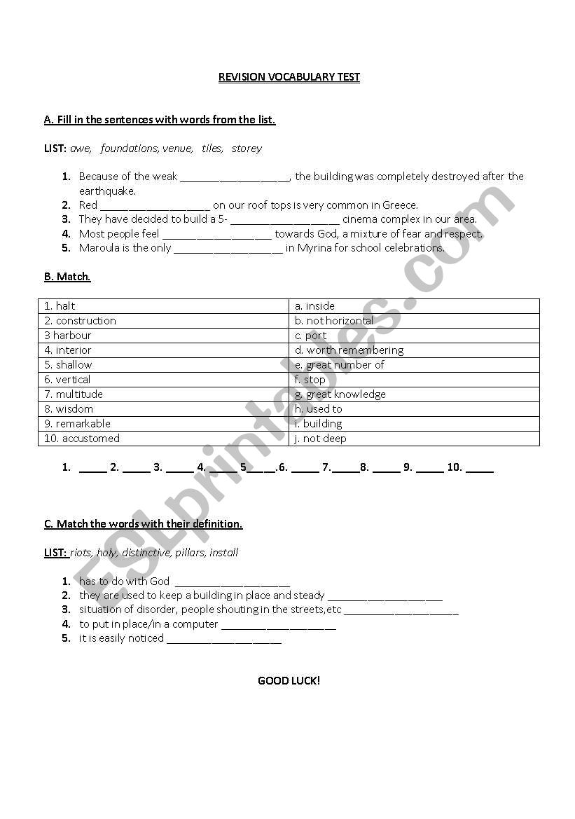 REVISION VOCABULARY TEST worksheet