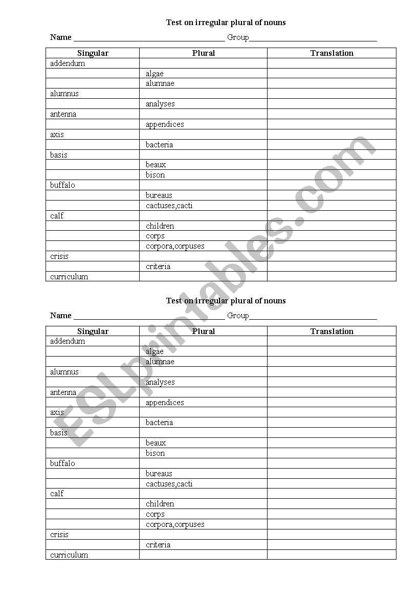 irregular plural of nouns worksheet