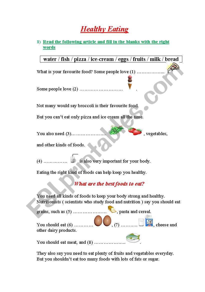 healthy eating esl worksheet by nourelhouda1