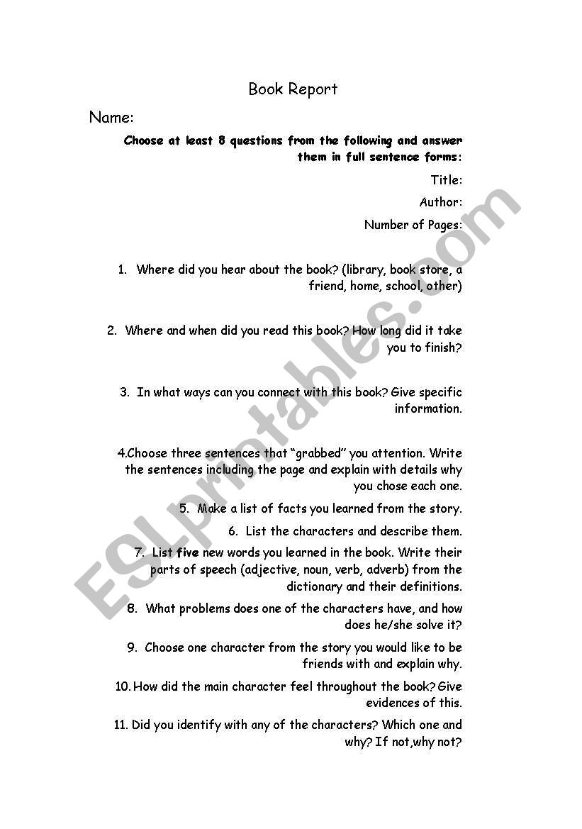 book report assignments worksheet