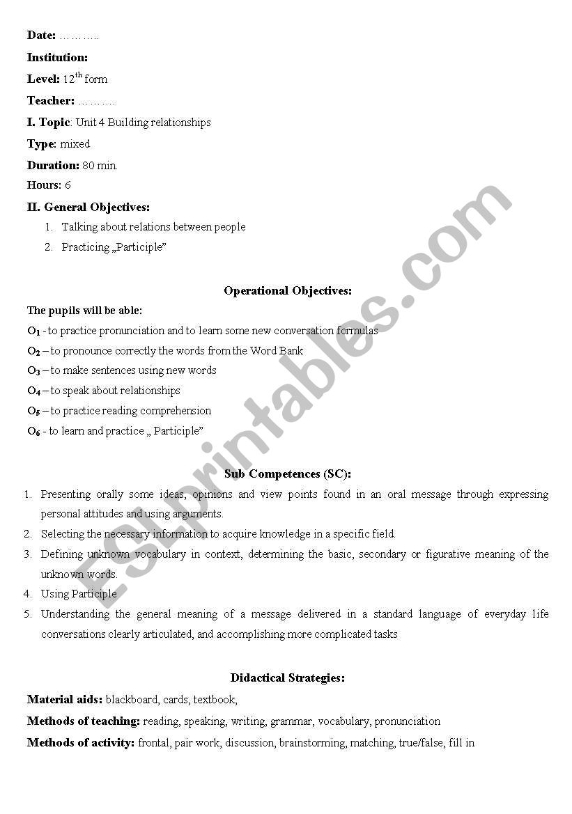 Building relationships worksheet