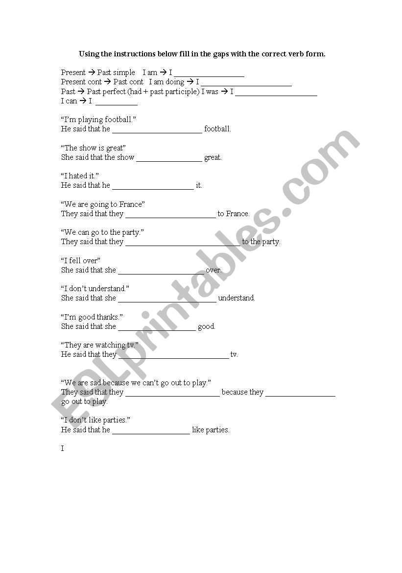 Direct to Reported speech worksheet