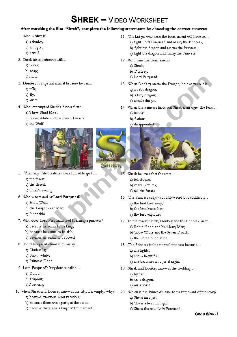 Shrek - video worksheet worksheet