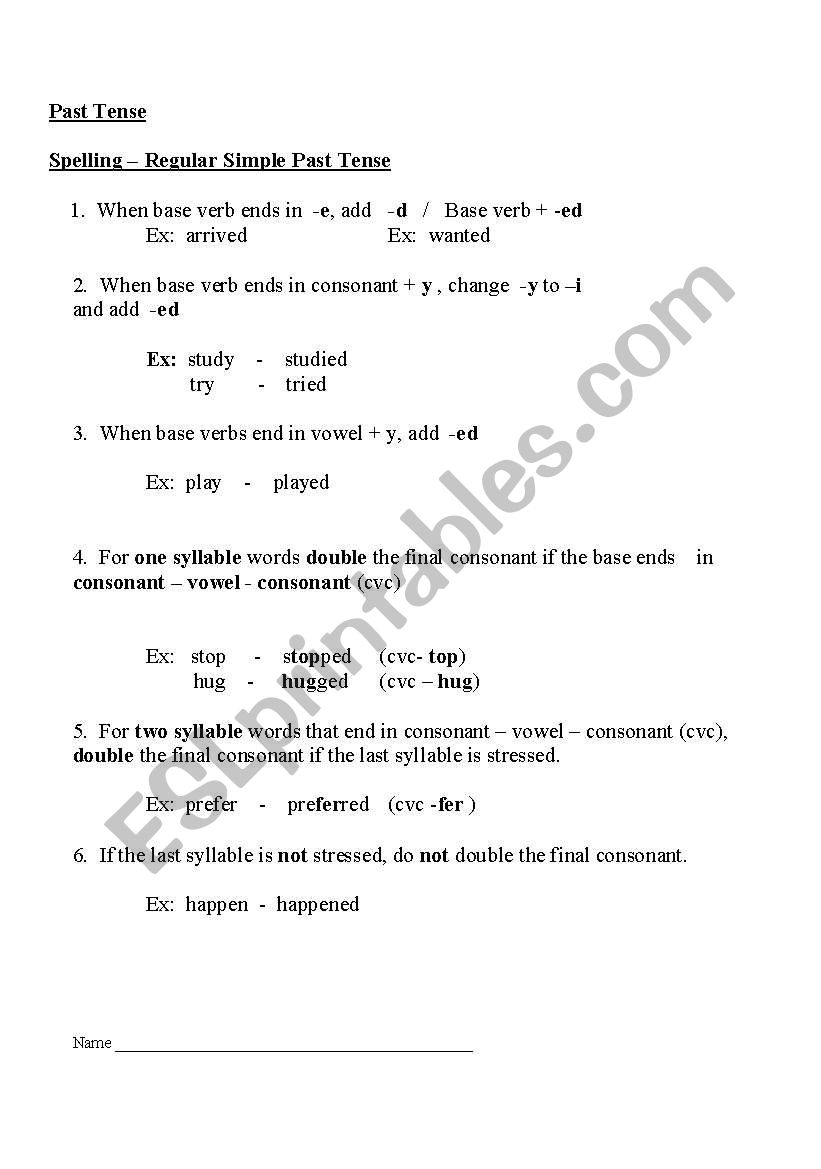 Simple Past tense rules worksheet