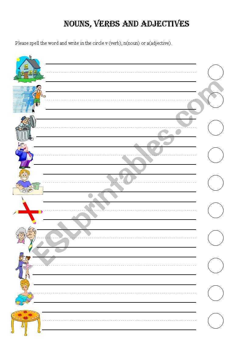 Nouns, Verbs & Adjectives worksheet