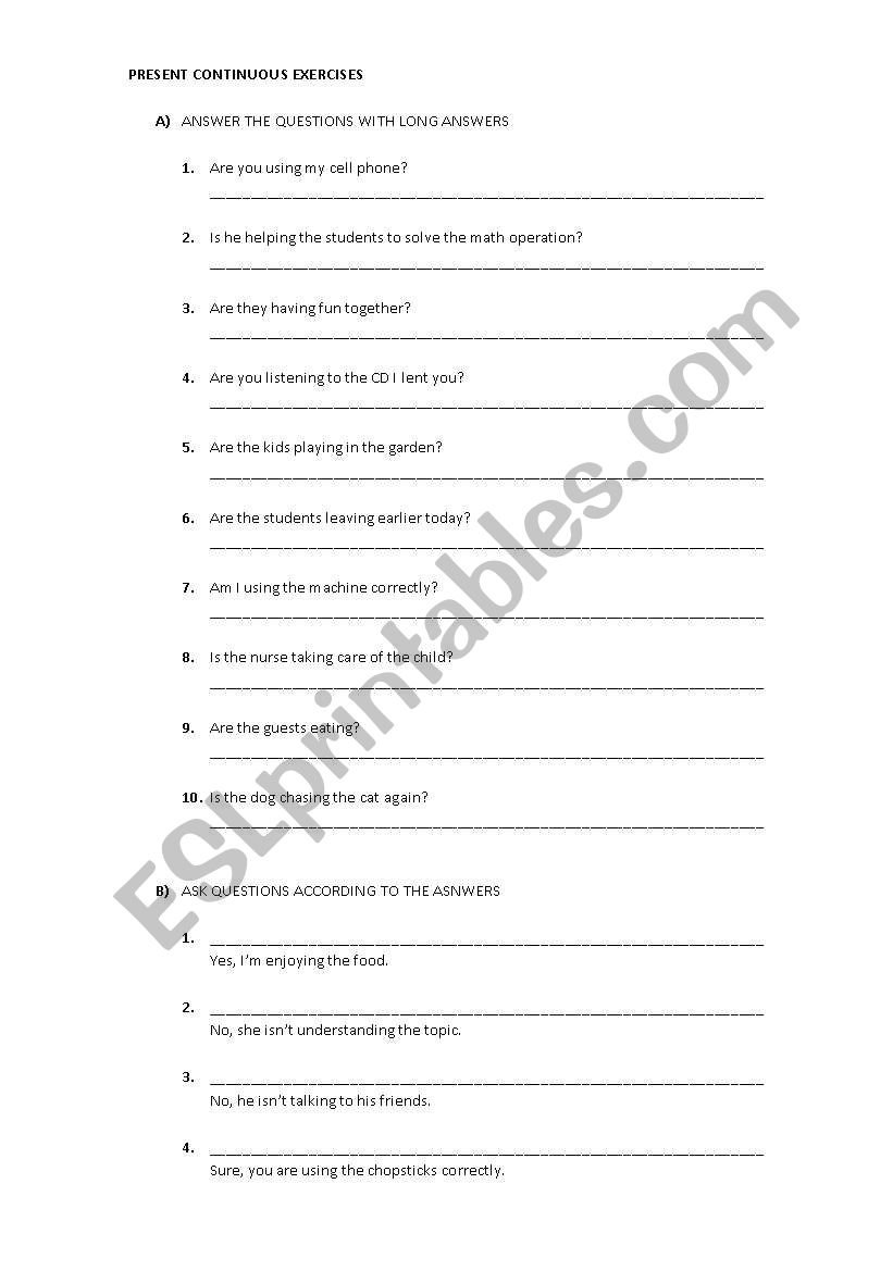 Present Continuous exercises worksheet