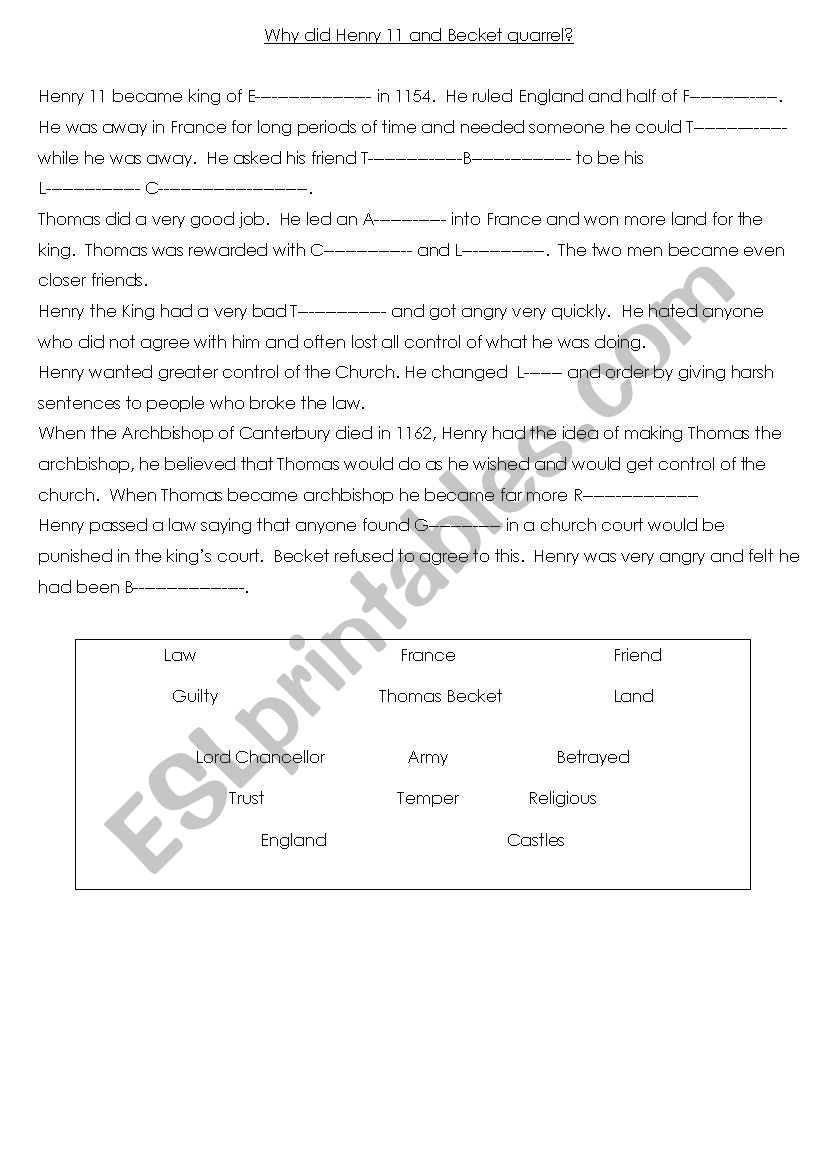 Why did Henry and Thomas Becket quarrel word cloze worksheet