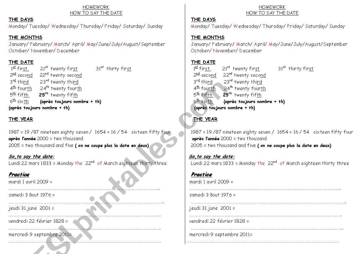 Saying the date correctly worksheet