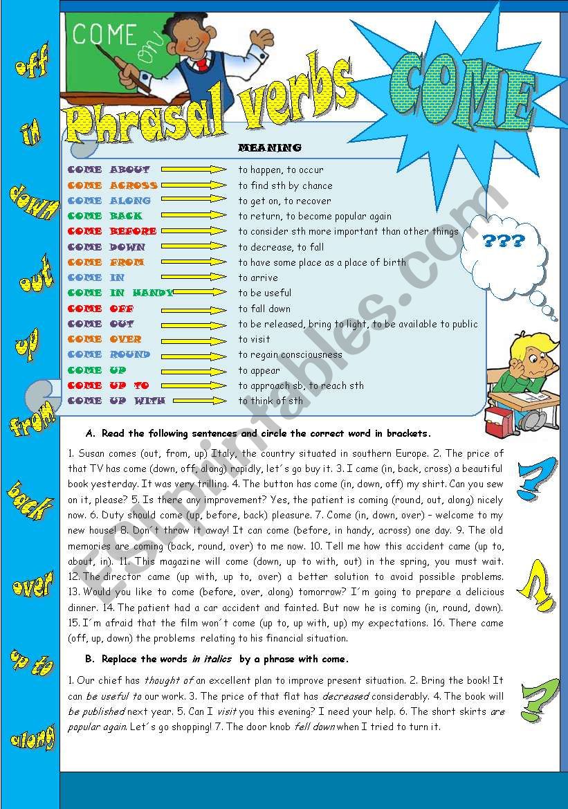 Phrasal Verbs COME Grammar Guide Exercises ESL Worksheet 