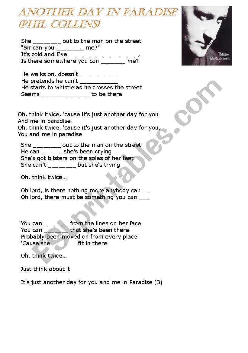 Listening song - Another day in paradise worksheet