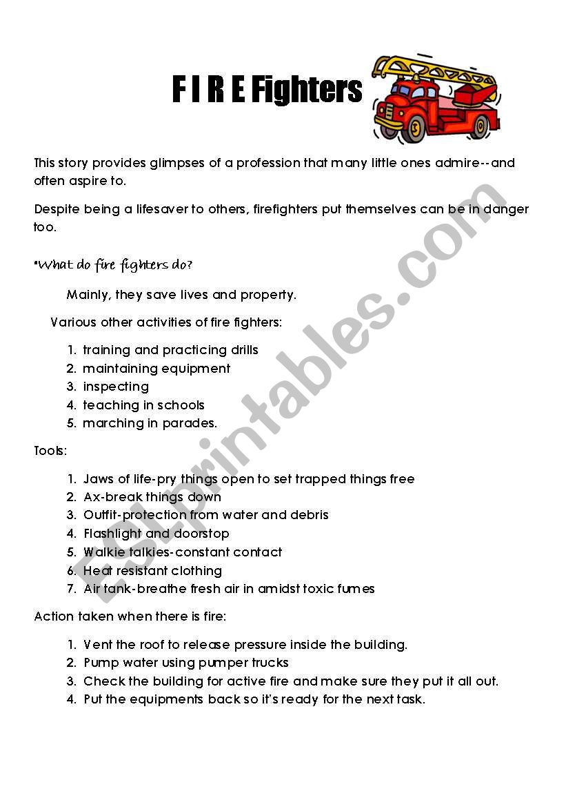 Firefighters worksheet