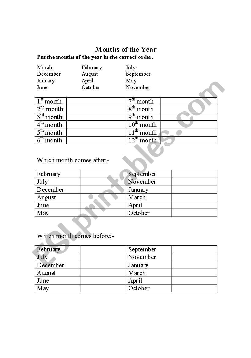 months of the year worksheet