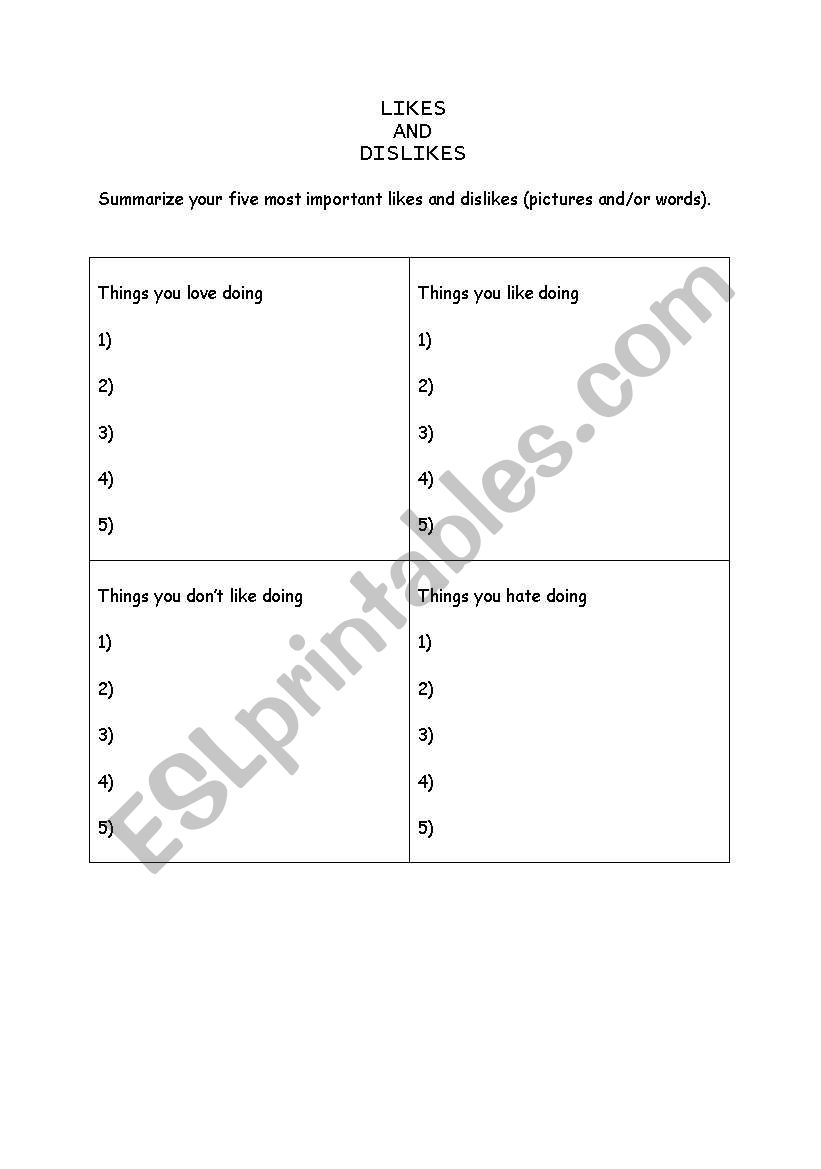 likes, dislikes, hates worksheet