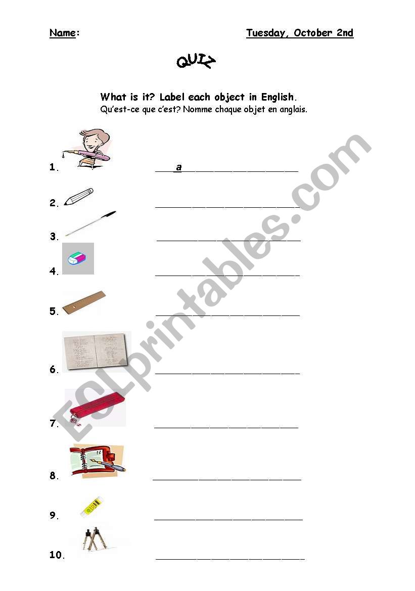 Classroom objects worksheet